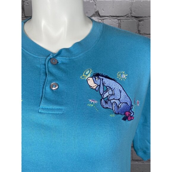 Vintage 90s Disney Store Eeyore Henley Shirt Medium Blue Short Sleeve Tee - Picture 2 of 7